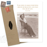 The My Life Birthday Card by Shannon Martin Design features a sepia beach photo and Elsie de Wolfe’s quote. Made in the USA from recycled paper, this vintage-style greeting card includes a brown envelope.