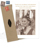 The Into This World Birthday Card by Shannon Martin Design features a sepia-toned vintage image of a woman in a party hat, winking with a drink amid balloons, and the cheeky message: "Celebrate your birthday like you came into this world—naked and screaming.