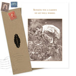The Garden Get Well Card by Shannon Martin Design features a sepia photo of a girl in a patterned dress with flowers and the message "Sending you a garden of get well wishes," perfect for heartfelt notes. Includes classic envelope with stamps.