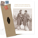 The Blame You Birthday Card by Shannon Martin Design features a sepia vintage photo of two women, witty text, is printed on recycled paper, and comes with an envelope and vintage stamps.