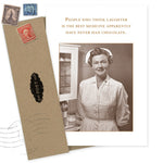 The Best Medicine Get Well Card by Shannon Martin Design features a cheerful nurse and medicine bottles with the saying, "People who think laughter is the best medicine apparently have never had chocolate." Made in USA. Envelope and stamps included.