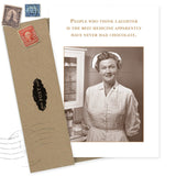 The Best Medicine Get Well Card by Shannon Martin Design features a cheerful nurse and medicine bottles with the saying, "People who think laughter is the best medicine apparently have never had chocolate." Made in USA. Envelope and stamps included.