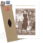 The Know Your Worth Birthday Card by Shannon Martin Design features a vintage photo of three smiling women in 1950s fashion with the message, "Know your worth, then add tax." Includes an envelope with vintage stamps and recycled paper.