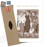The Know Your Worth Birthday Card by Shannon Martin Design features a vintage photo of three smiling women in 1950s fashion with the message, "Know your worth, then add tax." Includes an envelope with vintage stamps and recycled paper.