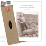 The Every Great Dream Encouragement Card by Shannon Martin Design features a sepia photo of a woman outdoors with hills and buildings, and reads, “Every great dream begins with a dreamer. – Harriet Tubman.” Made in USA.