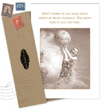 A sepia photo of a woman in a vintage swimsuit with a beach ball by the ocean and the quote, “Don’t worry if you make waves simply by being yourself. The moon does it all the time.” Make Waves Birthday Card by Shannon Martin Design.