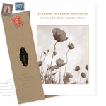 The Beautifully Lived Sympathy Card by Shannon Martin Design features sepia poppy flowers and the message, "In memory of a life so beautifully lived, a heart so deeply loved," with a brown envelope. Made in the USA.