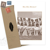 The Hip, Hip, Hooray! Congratulations Card by Shannon Martin Design features a sepia photo of vintage cheerleaders with "O" uniforms and pom-poms. Includes a brown envelope and old postage stamps. Made in USA.