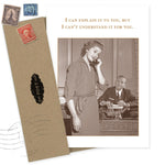 The Explain It Birthday Card by Shannon Martin Design features a vintage USA scene: a smiling woman on the phone, a man at a desk, and the text, "I can explain it to you, but I can't understand it for you." Envelope and stamps included.