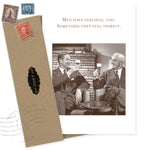 The Men Have Feelings Birthday Card by Shannon Martin Design features two men in suits smiling and raising beer glasses with the caption, "Men have feelings, too. Sometimes they feel thirsty." Includes a brown envelope with postage stamps.