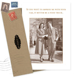The Food Truck Birthday Card by Shannon Martin Design features a vintage photo of a smiling couple with the text, "If you want to impress me with your car, it better be a food truck." Card is shown beside a brown stamped envelope.