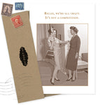 The We're All Crazy Birthday Card by Shannon Martin Design features two women chatting and laughing, with the caption: Relax, we're all crazy. It's not a competition. Made in the USA from recycled paper. Includes brown envelope and old-style stamps.