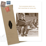 The Kindness Thank You Card by Shannon Martin Design features a sepia photo of a smiling girl reading with her collie and the message, “Let kindness write all the chapters of your life.” Vintage-style, USA-made, recycled paper, envelope, stamps included.