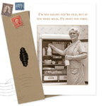 The Not Saying Birthday Card by Shannon Martin Design features a vintage woman in glasses and apron holding a milk bottle at an open fridge, with the caption: "I'm not saying you're old, but if you were milk, I'd sniff you first." Printed on recycled paper.