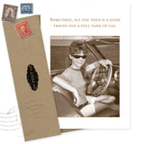The Full Tank Birthday Card by Shannon Martin Design features a smiling woman in sunglasses in a classic car with the text, "Sometimes, all you need is a good friend and a full tank of gas." Includes envelope and vintage stamps. Made in USA.