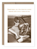 A woman in retro attire and sunglasses relaxes in a timeless car, enveloped by the allure of antique photos. The Shannon Martin Design card, "Full Tank Of Gas Card," reads: Sometimes, all you need is a good friend and a full tank of gas.
