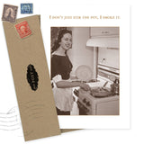 The Stir The Pot Birthday Card by Shannon Martin Design features a retro woman in an apron stirring a pot with the caption, "I don't just stir the pot, I smoke it." Printed on recycled paper, it includes a brown envelope and postage stamps.