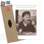 The Diet Birthday Card by Shannon Martin Design features a sepia vintage photo of a smiling woman eating spaghetti and reads: “I’d like to start a new diet, but I have too much on my plate right now.” Printed on recycled paper.