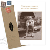 The Rock Bottom Basement What A Hoot Card by Shannon Martin Design features a vintage photo of a glum woman before an old car and reads, “Well, apparently rock bottom has a basement.” Includes envelope with old stamps—great as a blank greeting card.