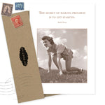 The Get Started Encouragement Card by Shannon Martin Design features a vintage sepia photo of a smiling woman in a runner’s start pose, Twain’s quote, is printed on recycled paper, includes a brown envelope, and is made in the USA.