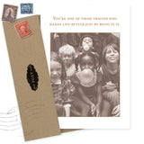 The Make Life Better Birthday Card by Shannon Martin Design features a sepia photo of five kids blowing bubble gum, made with recycled paper and paired with a brown envelope. The card reads: "You’re one of those friends who makes life better just by being in it.