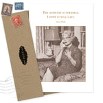 The Suspense Birthday Card by Shannon Martin Design features an older woman in glasses on a rotary phone with an Oscar Wilde quote. Made in the USA on recycled card stock. Envelope included.