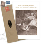 The Kick Back Birthday Card by Shannon Martin Design features a vintage image of an older woman by a creek and the line: “If you ever see me running, please kill whatever’s chasing me.” Printed on recycled paper, it includes a stamped brown envelope.