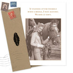 The Ride at Dawn What A Hoot Card by Shannon Martin Design features a sepia photo of a smiling woman in cowboy attire and her horse. Made in the USA, it reads: If standing up for yourself burns a bridge, I have matches. Envelope & vintage stamps included.