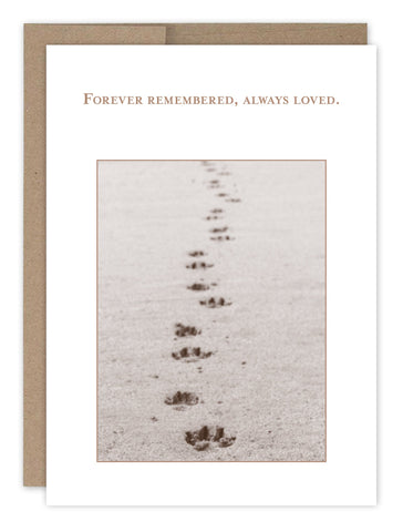 The Shannon Martin Design Forever Remembered Pet Sympathy Card is crafted from recycled paper and features sepia-toned dog paw prints in the sand with the words Forever remembered, always loved. It includes a Kraft envelope for added vintage appeal.