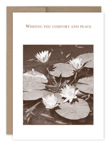 The Comfort And Peace Sympathy Card by Shannon Martin Design features sepia-toned water lilies and lily pads on recycled paper, with Wishing you comfort and peace above the image, set against a simple brown background.