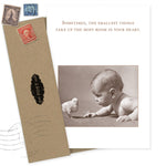 The Room In Your Heart Baby Card by Shannon Martin Design features a classic baby and chick photo with the quote, "Sometimes, the smallest things take up the most room in your heart." Made in the USA and includes an envelope.