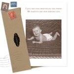 The Nine Months Baby Card by Shannon Martin Design features a sepia photo of a smiling baby in a diaper with the text: "I just did nine months on the inside. My parents are now serving life." Includes recycled card, envelope, and stamps.