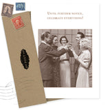 The Until Further Notice Congratulations Card by Shannon Martin Design features five people toasting under the text “Until further notice, celebrate everything!” Made in the USA, comes with an envelope and vintage stamps. Perfect for vintage card lovers.