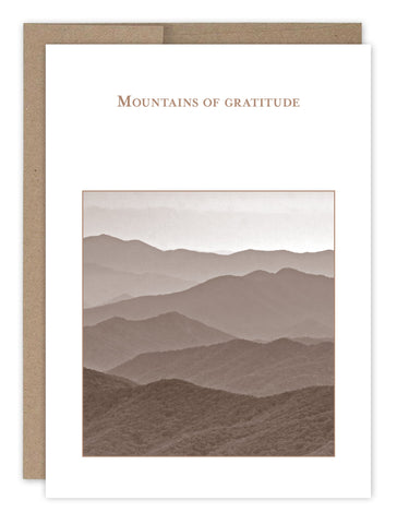 The Mountains Thank You Card by Shannon Martin Design features a vintage sepia-tone layered mountain image with Mountains of gratitude text. Crafted from FSC-certified recycled paper, it boasts a simple, elegant design.