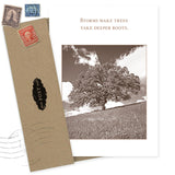 The Take Deeper Roots Encouragement Card by Shannon Martin Design features a sepia tree and the quote, "Storms make trees take deeper roots." Includes a brown envelope, vintage stamps, and is made in the USA from recycled paper.