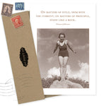The Stand Like A Rock Encouragement Card by Shannon Martin Design features a sepia vintage photo of a woman in a retro swimsuit, a Thomas Jefferson quote, and comes with a brown envelope and vintage stamps. Made in the USA.