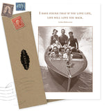 The If You Love Life Birthday Card by Shannon Martin Design features a sepia photo of five smiling people in swimsuits on a speedboat with an uplifting Arthur Rubinstein quote. Made in the USA from recycled paper. Envelope included.