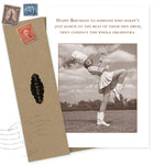 The March To The Beat Birthday Card by Shannon Martin Design features a sepia vintage photo of a joyful female band leader and the message: Happy Birthday to someone who conducts the whole orchestra. Includes an envelope with vintage stamps. Made in USA.