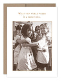 The Group Hug Friendship / Just Because Card by Shannon Martin Design features a sepia photo of smiling kids hugging on recycled paper with "What this world needs is a group hug." Proudly made in the USA.