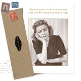 The Scream What A Hoot Card by Shannon Martin Design features a vintage black-and-white photo of a distressed woman and an old envelope, with the text: "Anyone want to meet up and just scream? We could get food after." Made in USA.