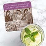 The Glass Half Full Coaster by Shannon Martin Design features a retro photo of three women at a diner and witty text. This cork-backed coaster is heat and water resistant, perfect beside a glass of lemon water with mint on marble.