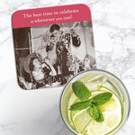 The Celebrate Whenever Coaster by Shannon Martin Design, featuring a vintage party photo and the caption "The best time to celebrate is whenever you can!", sits next to a glass of lemon, lime, and mint water on marble.