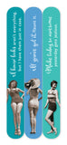 Shannon Martin Design’s "Looks Aren’t Everything Emery Boards" set features three vintage swimwear bookmarks in turquoise, blue, and teal, each with an inspiring quote—perfect for gifting or pairing to boost confidence every day.