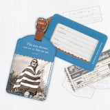 The Sun Shines Luggage Tag by Shannon Martin Design features blue leatherette, a vintage photo of a smiling woman with the quote "The sun shines not on us, but in us," a copper strap, and spaces for your contact details.