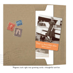 The "What Time? Magnet" by Shannon Martin Design features a sepia photo of a woman, old car, and dog with the quote, "That's a horrible idea. What time?"—making fridge magnets the perfect greeting card gift.