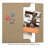 The "What Time? Magnet" by Shannon Martin Design features a sepia photo of a woman, old car, and dog with the quote, "That's a horrible idea. What time?"—making fridge magnets the perfect greeting card gift.