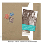 The Best Friend Magnet by Shannon Martin Design features a black-and-white photo of two smiling women with the quote, "A good friend knows all your stories. A best friend has lived them with you," in a brown envelope with vintage stamps.