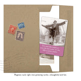 The Years In Your Life Magnet by Shannon Martin Design includes a greeting card and a magnet featuring a joyful black-and-white photo and the quote: "It’s not the years in your life that count. It’s the life in your years." Comes in a brown envelope with vintage stamps.