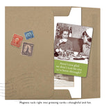 A brown envelope by Shannon Martin Design contains the Aren't You Glad Magnet, plus greeting cards, three postage stamps, and fun fridge magnets. One card features a vintage photo of two women with the caption: “Aren’t you glad we don’t look like what we’ve been through?”.