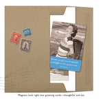 A brown envelope with two vintage stamps contains a Sunlight Magnet by Shannon Martin Design, featuring a black-and-white photo of a smiling woman at the beach and a blue Walt Whitman quote: “Some people are so much sunlight to the square inch.”.